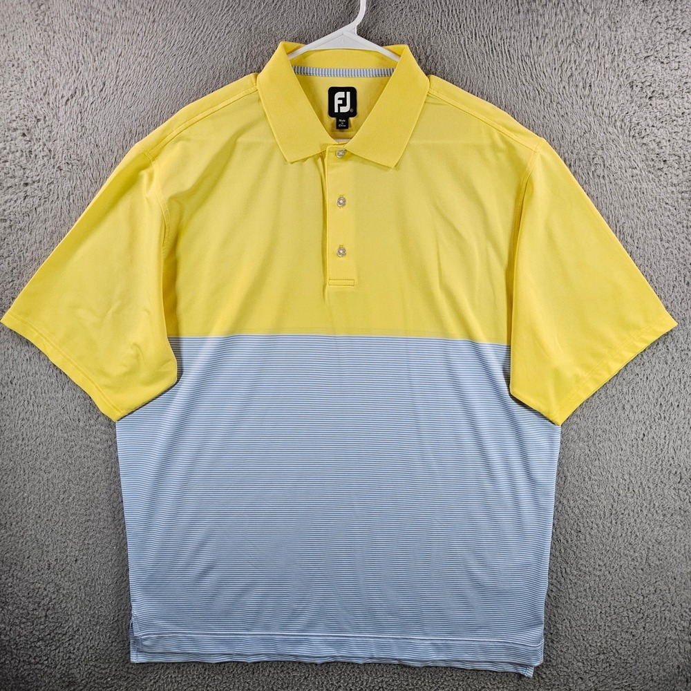 FootJoy Mens XL ProDry Golf Polo Shirt‎ Yellow Blue Striped Colorblock Short Slv